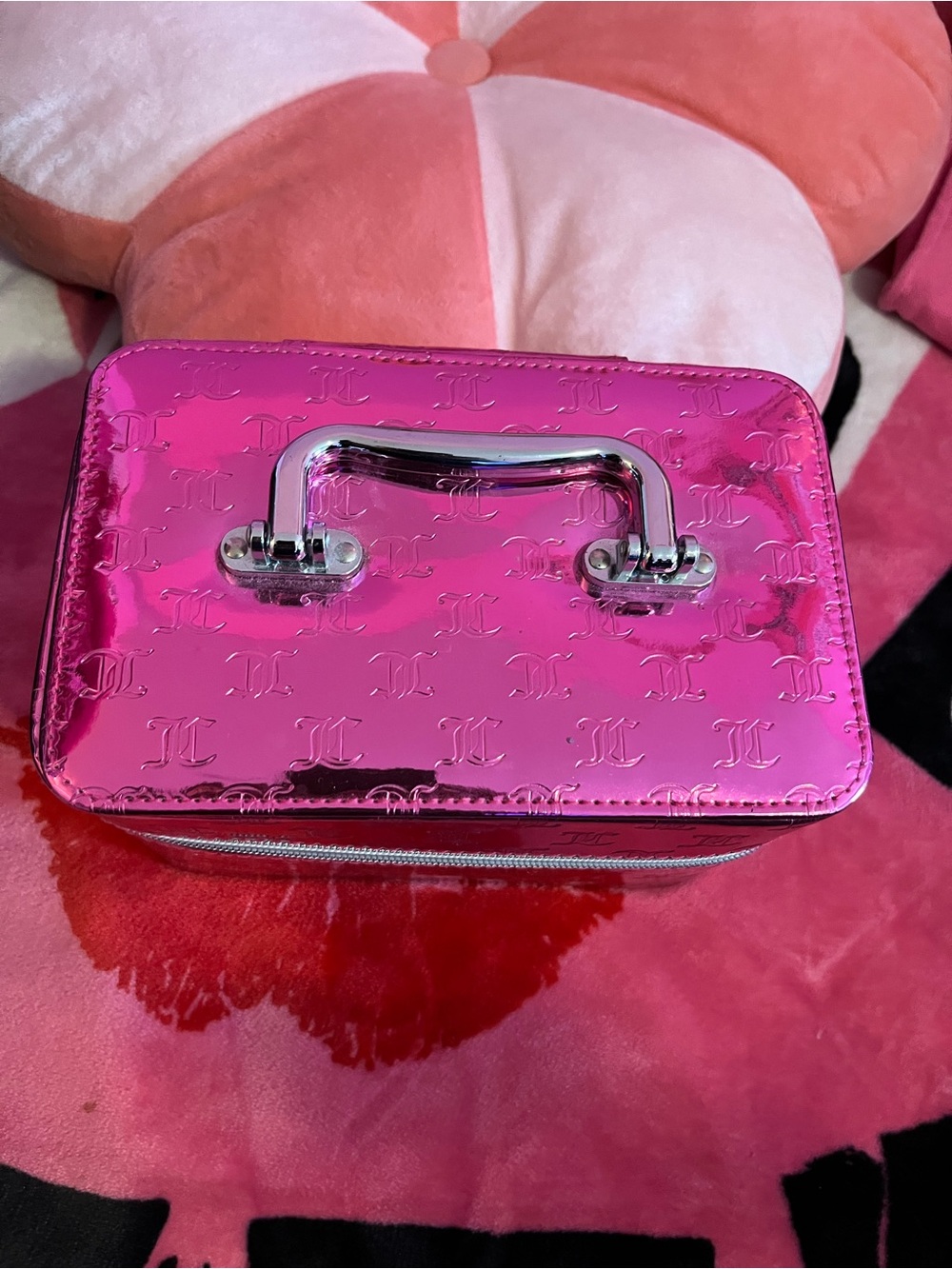 Juicy Couture Hot Pink Metallic Cosmetic Train Case with Silver Hardware